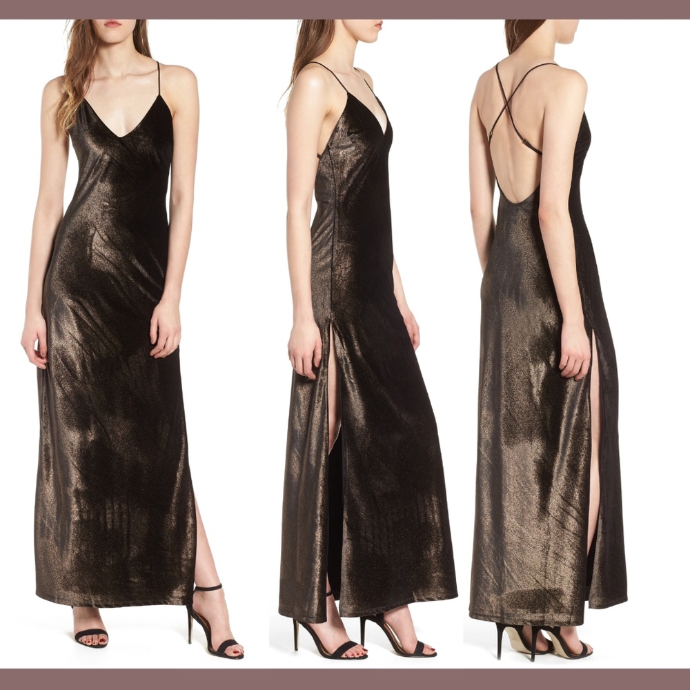 NEW $198 NBD‎ In the Deep Velvet Maxi Dress in Black/Bronze [SZ Small ]